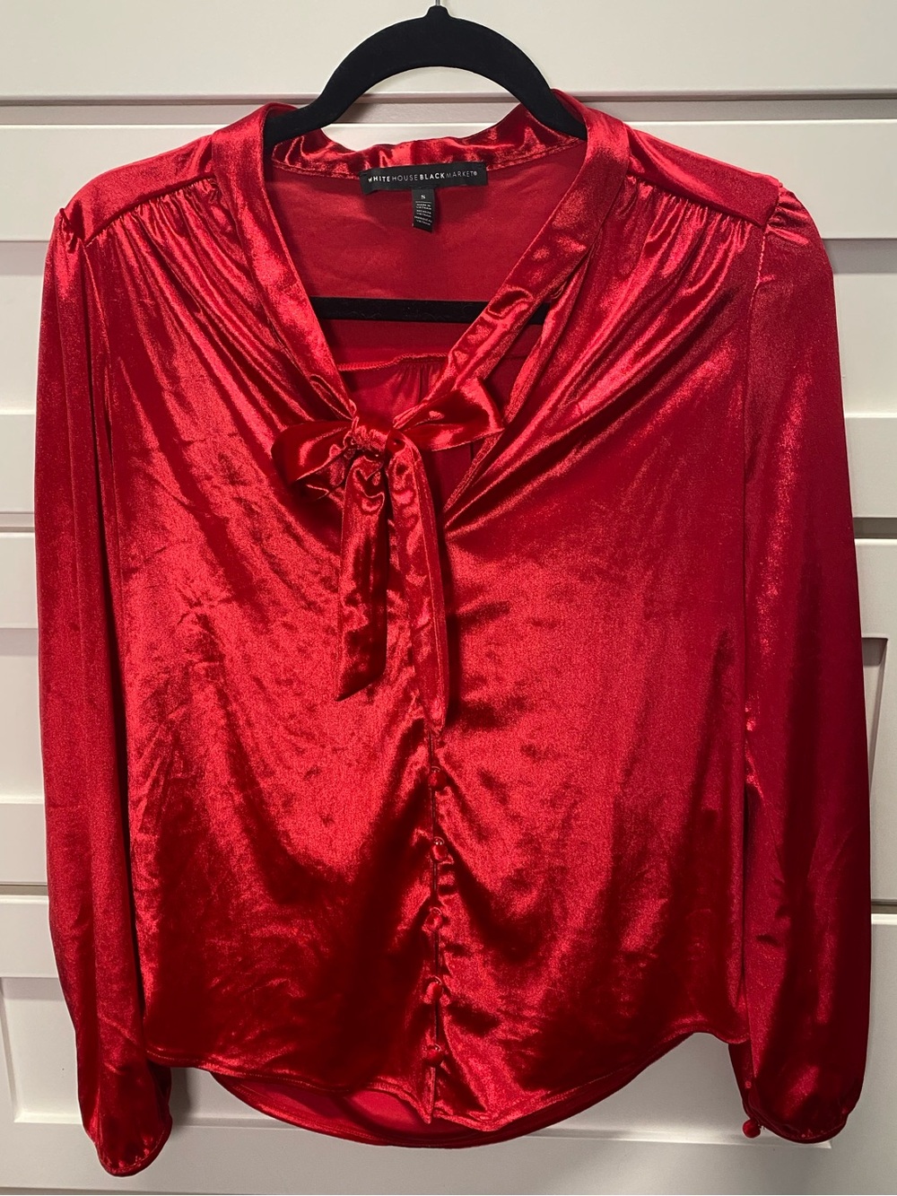 White House Black Market Velvet Red Tie-Neck Blouse